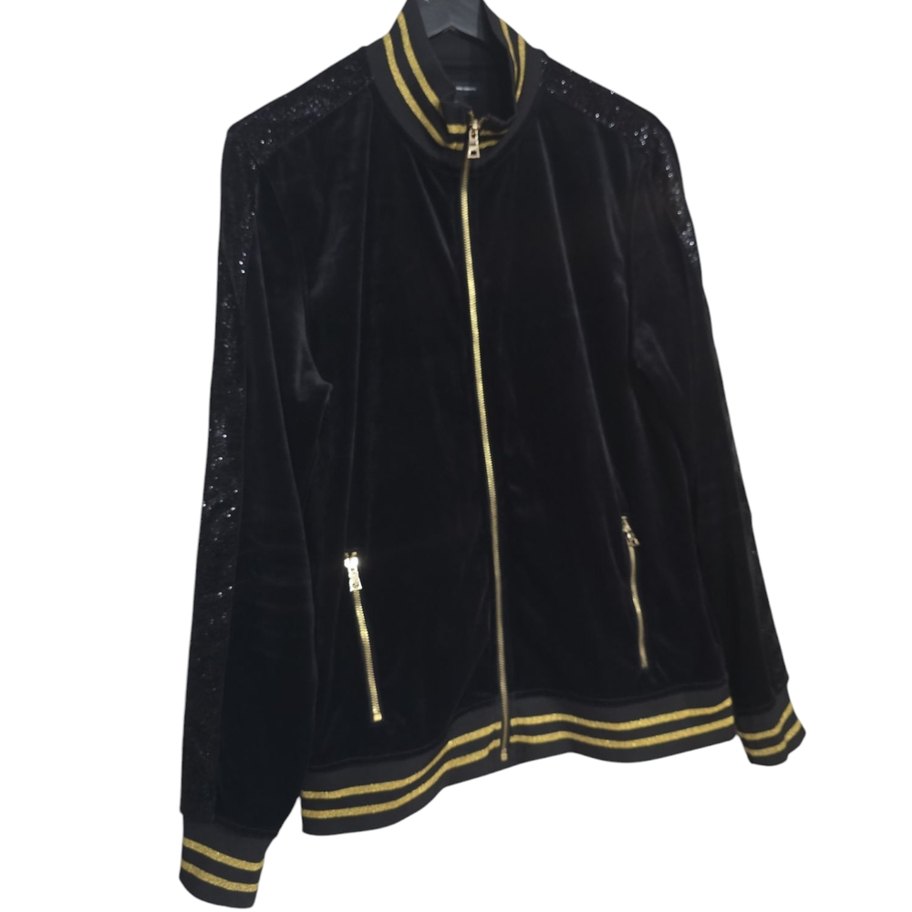 INC Black and Gold Zip-Up Velvet Jacket With Glitter Lining On Sleves.